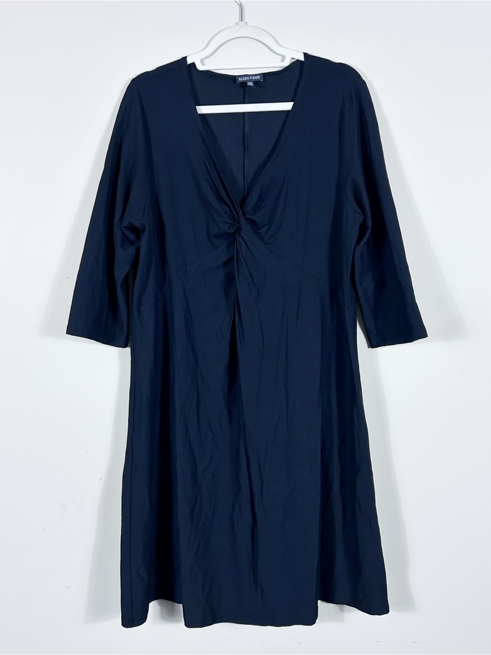 Eileen Fisher Women's XL Black Twist Front Dress 3/4 Sleeve V-Neck Rayon Blend